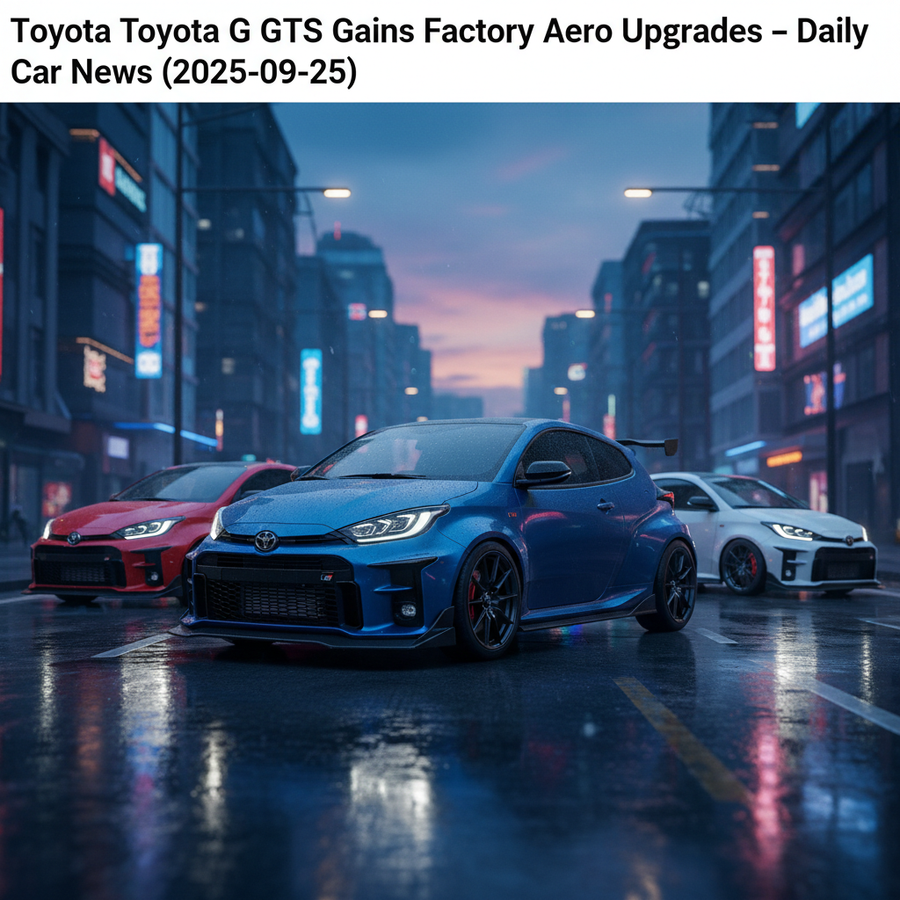 Editorial, photo-realistic HERO for an automotive daily news article titled "Toyota GR Yaris GTS Gains Factory Aero Upgrades – Daily Car News (2025-09