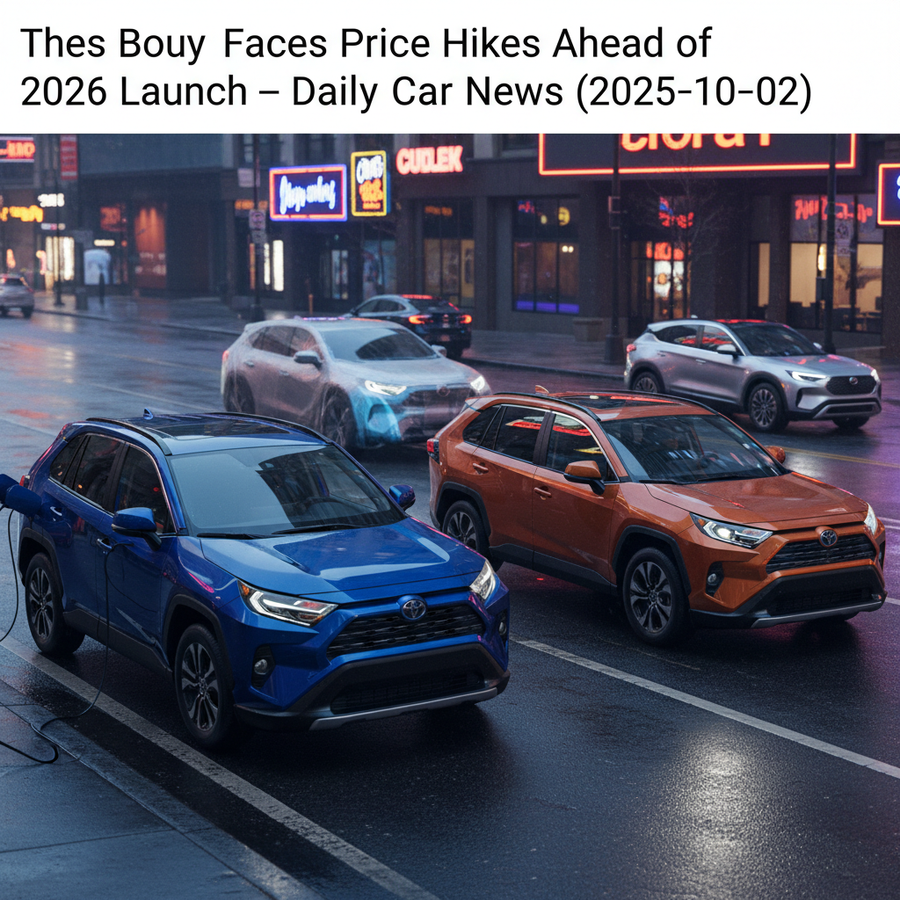Editorial, photo-realistic HERO for an automotive daily news article titled "Toyota RAV4 Faces Price Hikes Ahead of 2026 Launch – Daily Car News (2025