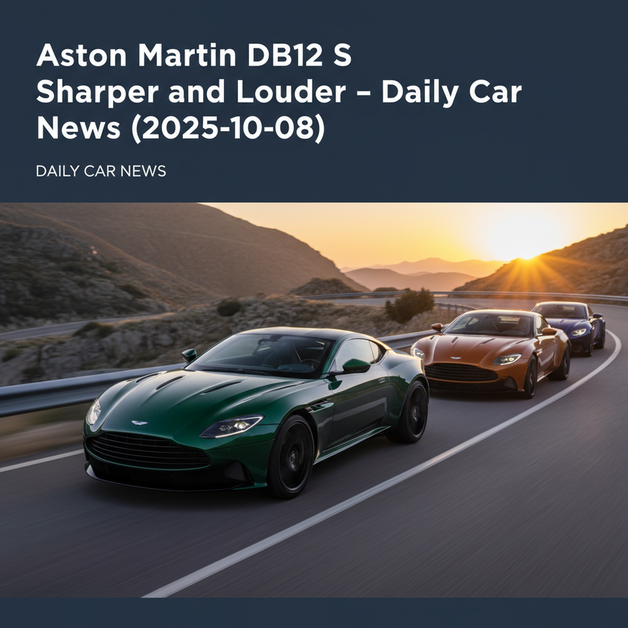 Editorial, photo-realistic HERO for an automotive daily news article titled "Aston Martin DB12 S Sharper and Louder – Daily Car News (2025-10-08)". De