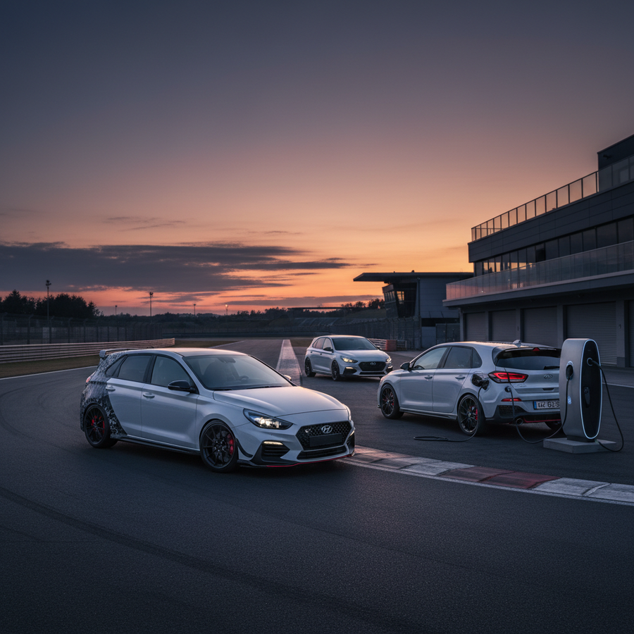 Editorial, photo-realistic HERO for an automotive daily news article titled "Hyundai i30 N May Go Hybrid – Daily Car News (2025-12-09)". Depict ONLY b