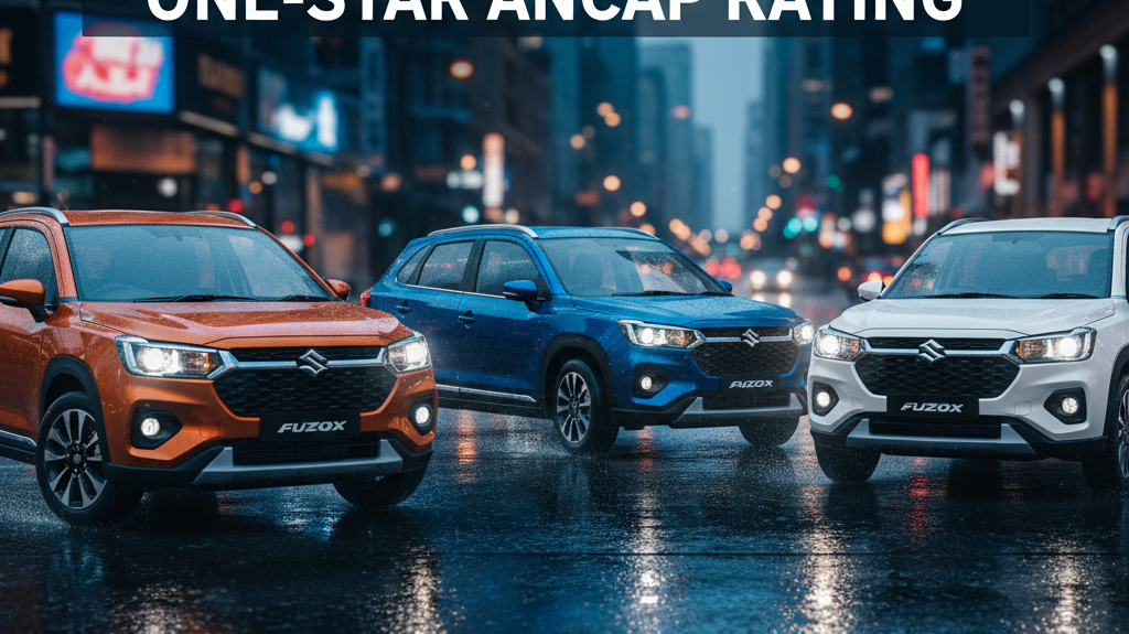 Editorial, photo-realistic HERO for an automotive daily news article titled "Suzuki Fronx Receives One-Star ANCAP Rating – Daily Car News (2025-12-22)
