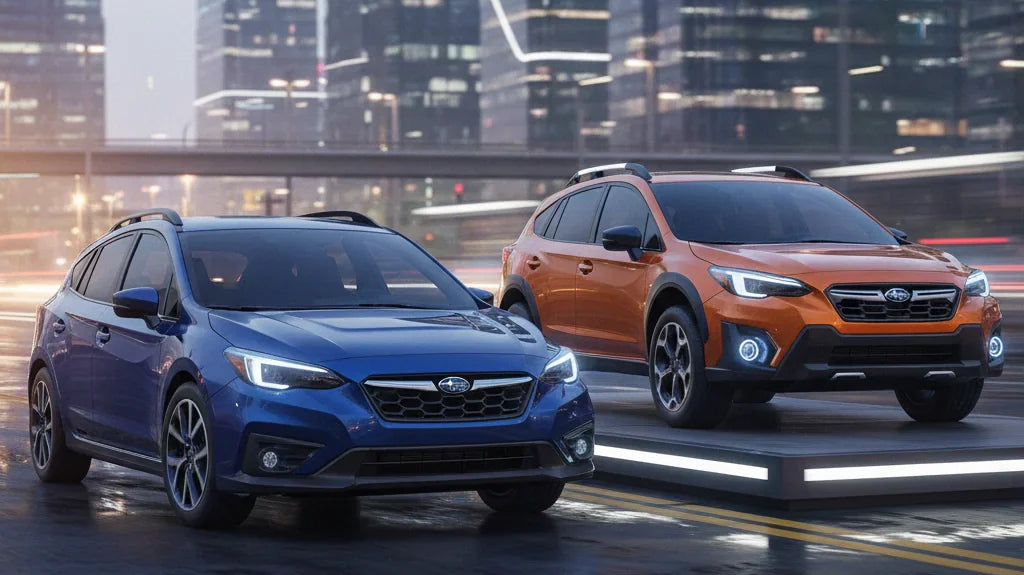 Editorial photo-realistic HERO image for automotive news (2026-01-21). Feature Subaru vehicles specifically 2026 Subaru Impreza, 2026 Subaru Crosstrek
