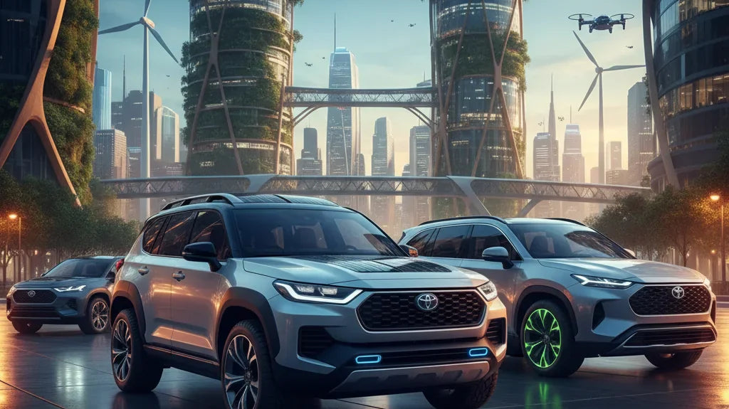 Editorial photo-realistic HERO image for automotive news (2026-01-28). Feature Toyota vehicles specifically upcoming electric LandCruiser, Kluger. Sce