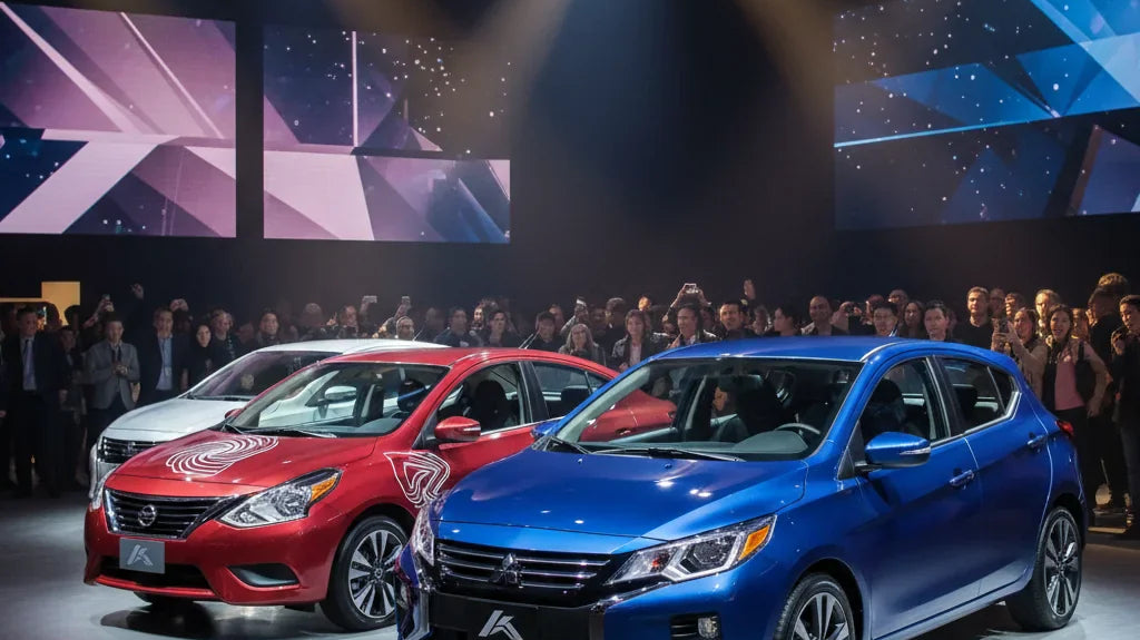 Editorial photo-realistic HERO image for automotive news (2026-02-07). Feature Nissan and Mitsubishi vehicles specifically Nissan Versa, Mitsubishi Ve