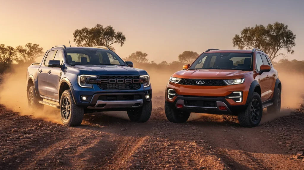 Editorial photo-realistic HERO image for automotive news (2026-02-23). Feature Chery and Ford vehicles specifically Ford Ranger PHEV. Scene: A rugged