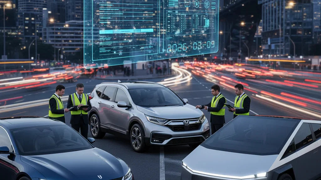 Editorial photo-realistic HERO image for automotive news (2026-03-09). Feature BYD and Honda and Tesla vehicles specifically specific model names ment