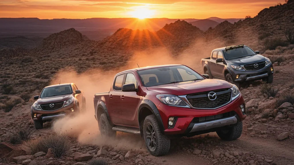 Editorial photo-realistic HERO image for automotive news (2026-03-14). Feature Mazda vehicles specifically BT-50 Thunder. Scene: The new Mazda BT-50 T