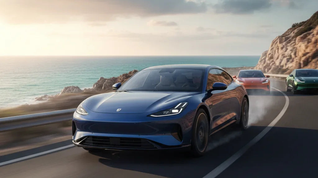 Editorial photo-realistic HERO image for automotive news (2026-03-16). Feature Zeekr vehicles specifically Zeekr 001. Scene: A dynamic shot of the Zee