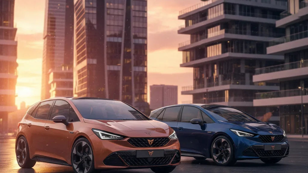 Editorial photo-realistic HERO image for automotive news (2026-03-20). Feature Cupra vehicles specifically Cupra Born. Scene: A dynamic urban environm