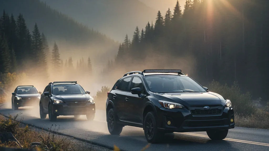 Editorial photo-realistic HERO image for automotive news (2026-04-04). Feature Subaru vehicles specifically Crosstrek. Scene: A sleek blacked-out Suba