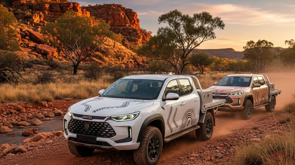 Editorial photo-realistic HERO image for automotive news (2026-04-13). Feature BYD vehicles specifically Shark 6. Scene: A dynamic outdoor setting fea