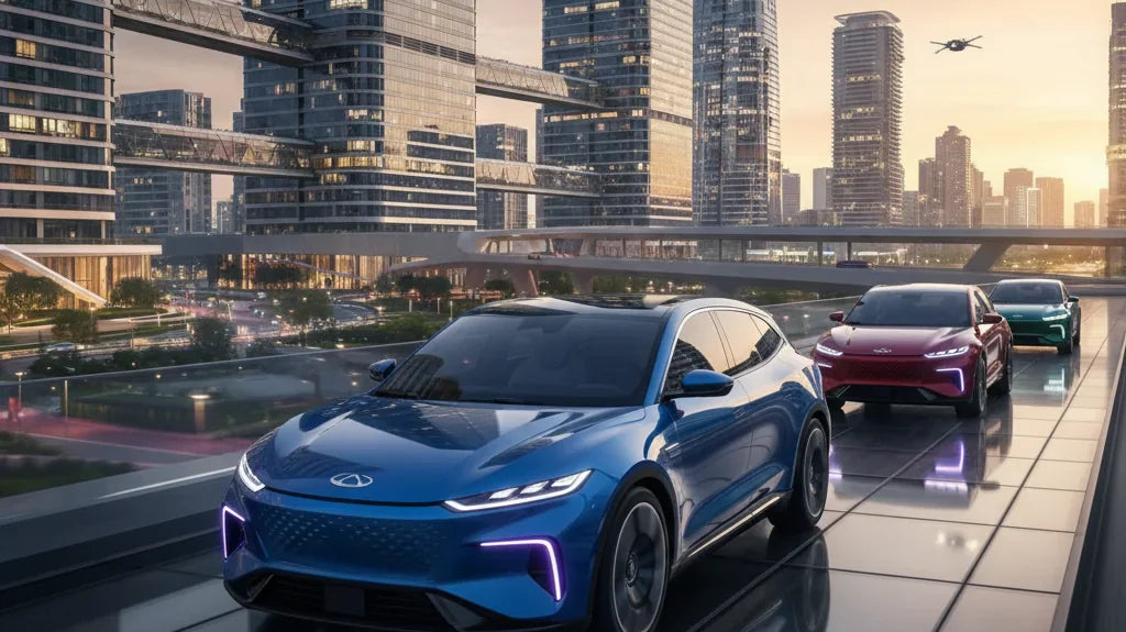 Editorial photo-realistic HERO image for automotive news (2026-04-15). Feature Chery vehicles specifically Lepas L6. Scene: A futuristic electric and