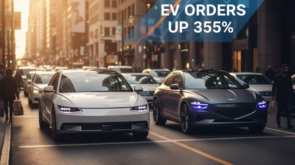 Editorial photo-realistic HERO image for automotive news (2026-04-17). Feature Hyundai and Genesis vehicles specifically Hyundai EV, Genesis EV. Scene