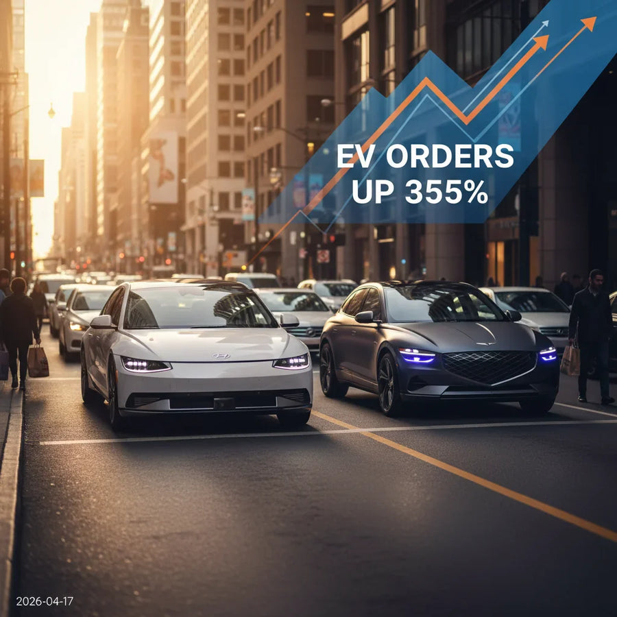 Editorial photo-realistic HERO image for automotive news (2026-04-17). Feature Hyundai and Genesis vehicles specifically Hyundai EV, Genesis EV. Scene