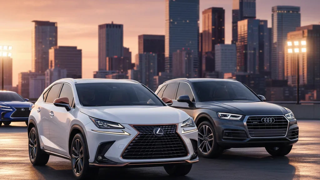 Editorial photo-realistic HERO image for automotive news (2026-04-22). Feature Lexus and Audi vehicles specifically Lexus NX, Audi Q5. Scene: The slee