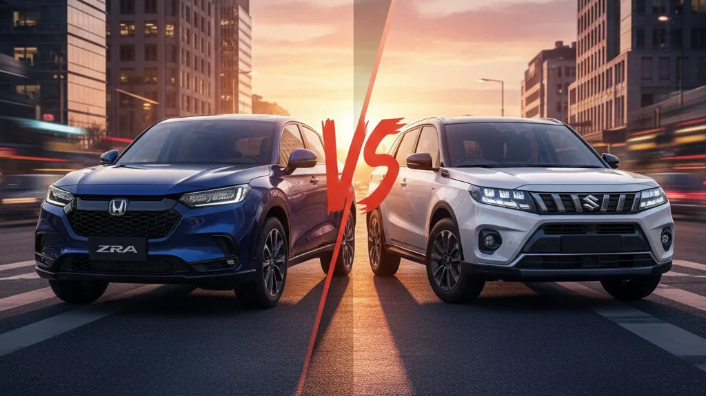 Editorial photo-realistic HERO image for automotive news (2026-05-01). Feature Honda and Suzuki vehicles specifically ZR-V, e Vitara. Scene: A dynamic