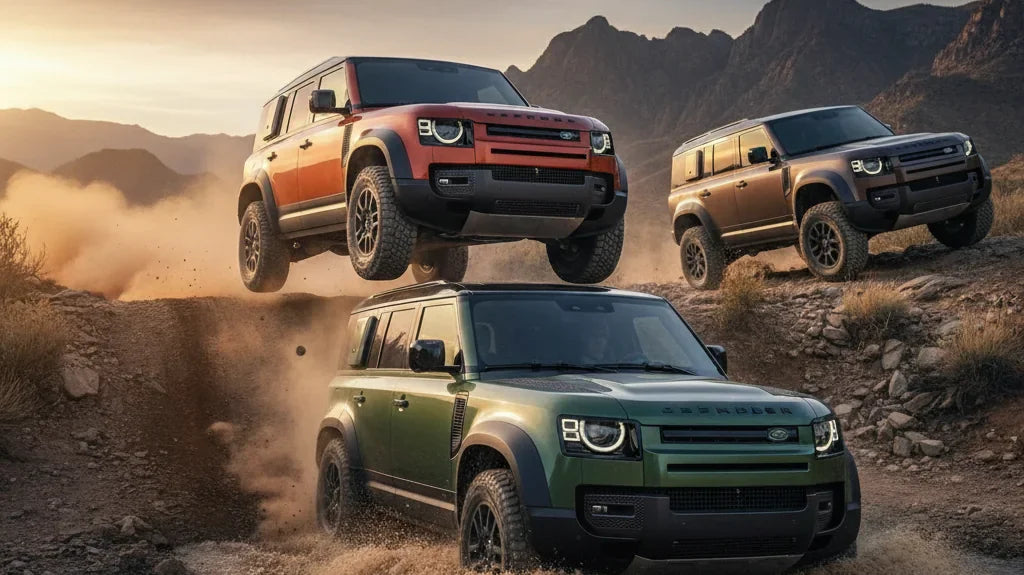 Editorial photo-realistic HERO image for automotive news (2026-05-02). Feature Land Rover vehicles specifically Defender Octa. Scene: A powerful Land