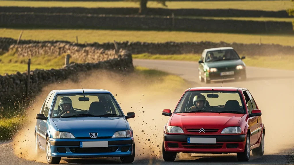 Editorial photo-realistic HERO image for automotive news (2026-05-09). Feature Peugeot and Citroën vehicles specifically Peugeot 106 GTi, Citroën Saxo