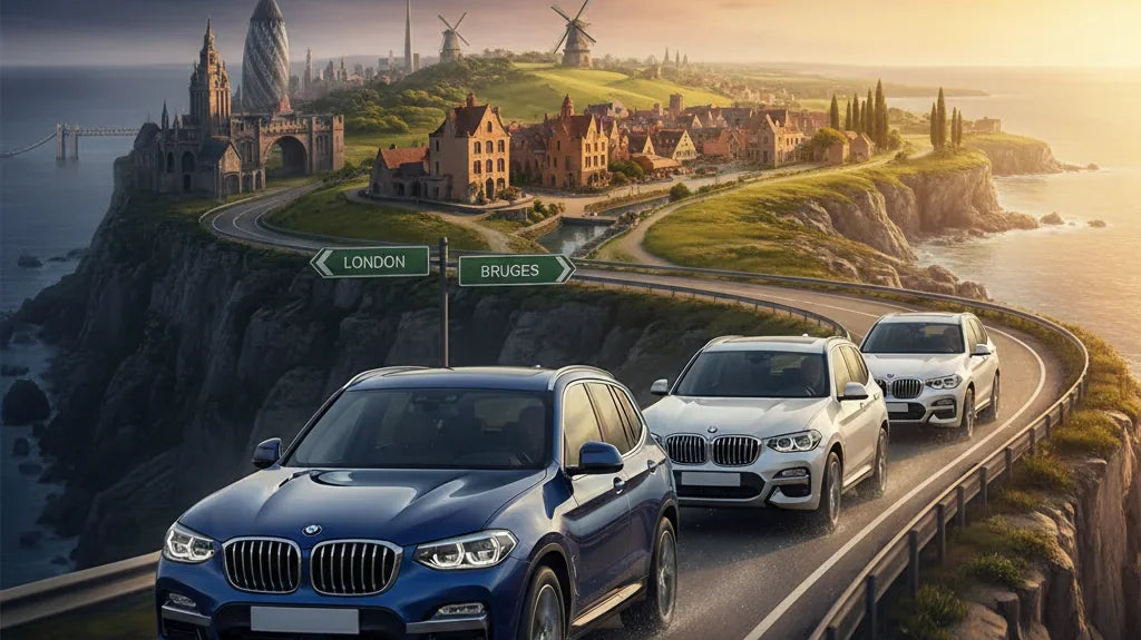 Editorial photo-realistic HERO image for automotive news (2026-05-10). Feature BMW vehicles specifically X3. Scene: A dynamic shot of the BMW X3 drivi