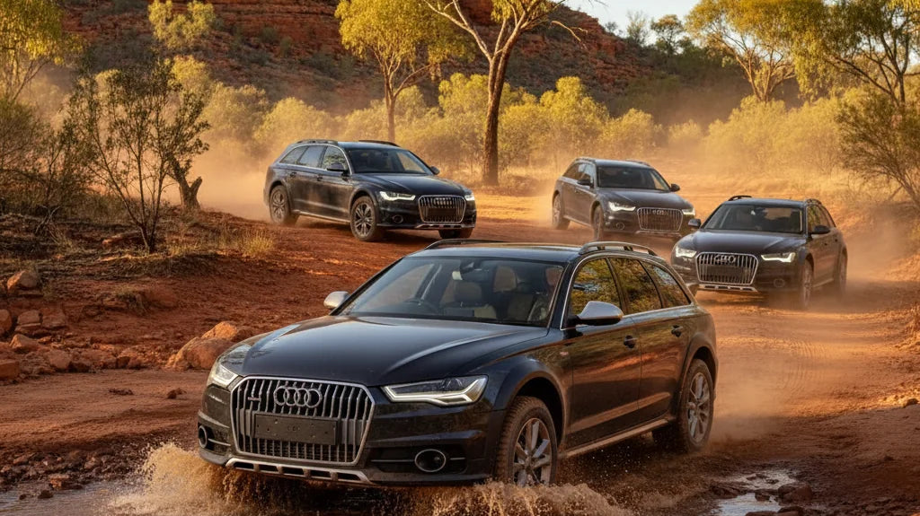 Editorial photo-realistic HERO image for automotive news (2026-05-12). Feature Audi vehicles specifically A6 allroad. Scene: An Audi A6 allroad naviga