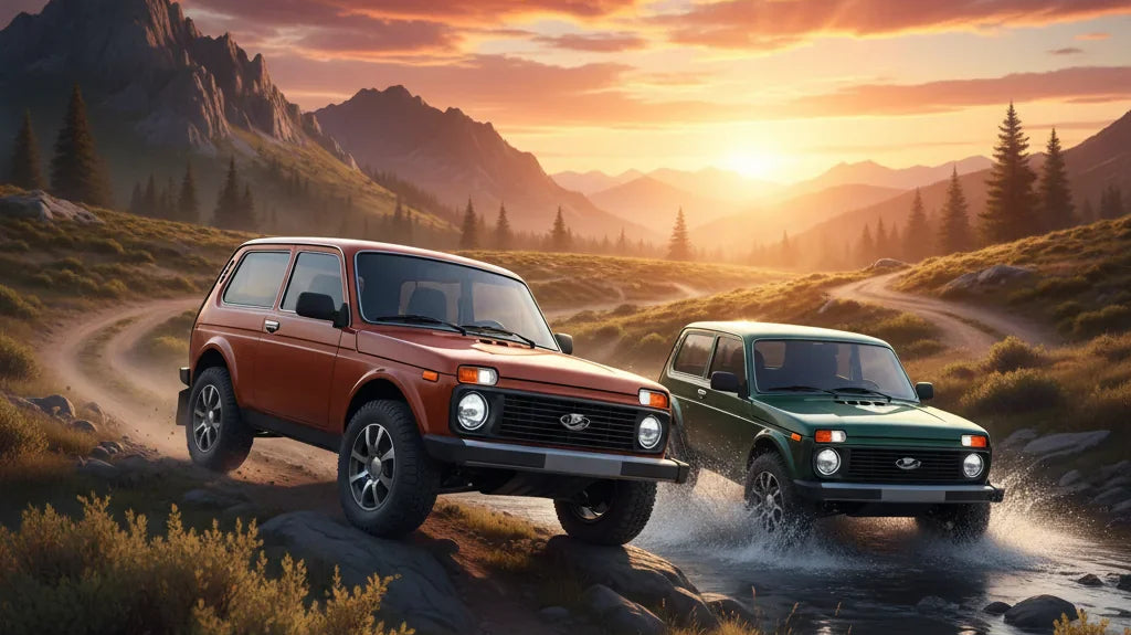 Editorial photo-realistic HERO image for automotive news (2026-05-13). Feature Lada vehicles specifically Lada Niva. Scene: The new Lada Niva off-road
