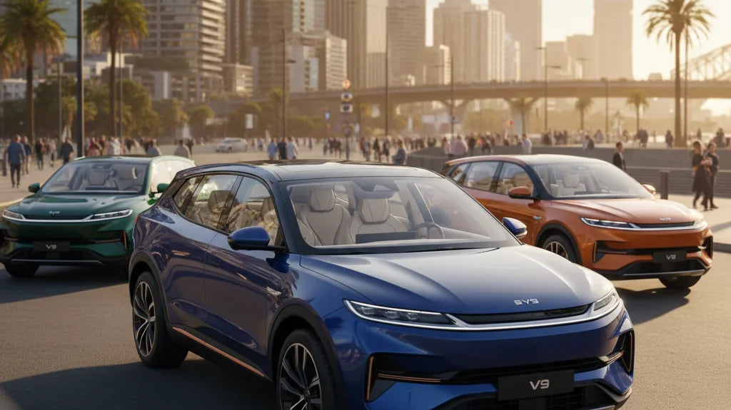 Editorial photo-realistic HERO image for automotive news (2026-05-14). Feature BYD vehicles specifically V9. Scene: The BYD V9 parked prominently in f