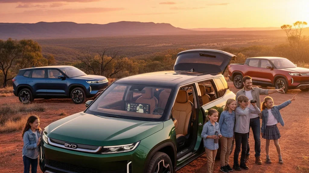 Editorial photo-realistic HERO image for automotive news (2026-05-21). Feature BYD vehicles specifically new large SUV. Scene: A family enjoying a roa