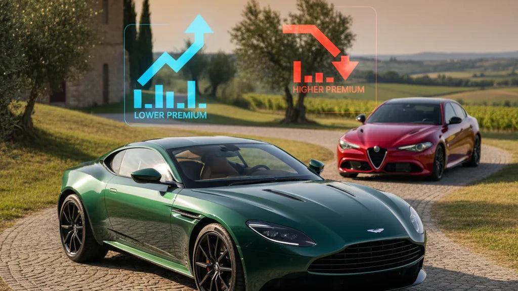 Editorial photo-realistic HERO image for automotive news (2026-05-24). Feature Aston Martin and Alfa Romeo vehicles specifically Aston Martin, Alfa Gi