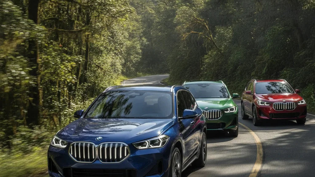 Editorial photo-realistic HERO image for automotive news (2026-06-10). Feature BMW vehicles specifically X1. Scene: The new BMW X1, featuring the inno