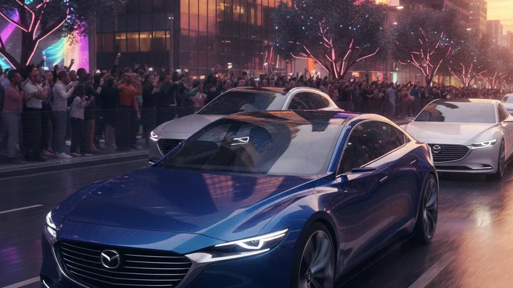 Editorial photo-realistic HERO image for automotive news (2026-06-24). Feature Mazda vehicles specifically Mazda 6. Scene: A sleek, modern electric Ma