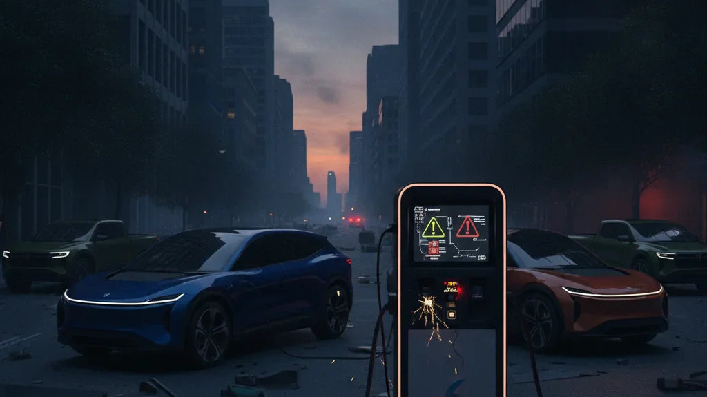 Editorial photo-realistic HERO image for automotive news (2026-07-09). Feature Telstra vehicles specifically EV Charger. Scene: A cityscape affected b