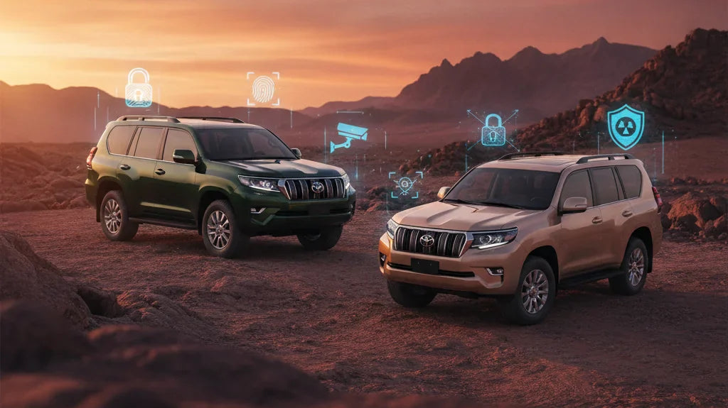 Editorial photo-realistic HERO image for automotive news (2026-07-13). Feature Toyota vehicles specifically LandCruiser, Prado. Scene: The Toyota Land
