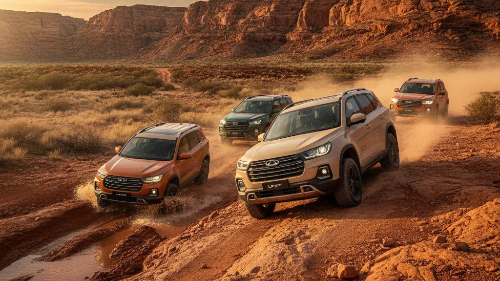 Editorial photo-realistic HERO image for automotive news (2026-07-20). Feature Chery vehicles specifically Lepas. Scene: Chery's new Lepas vehicles un