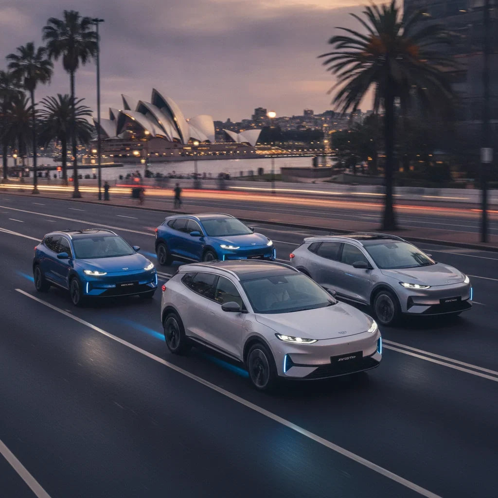 Editorial photo-realistic HERO image for automotive news (2026-08-11). Feature Jetour vehicles specifically New Electric SUV. Scene: A sleek, modern e