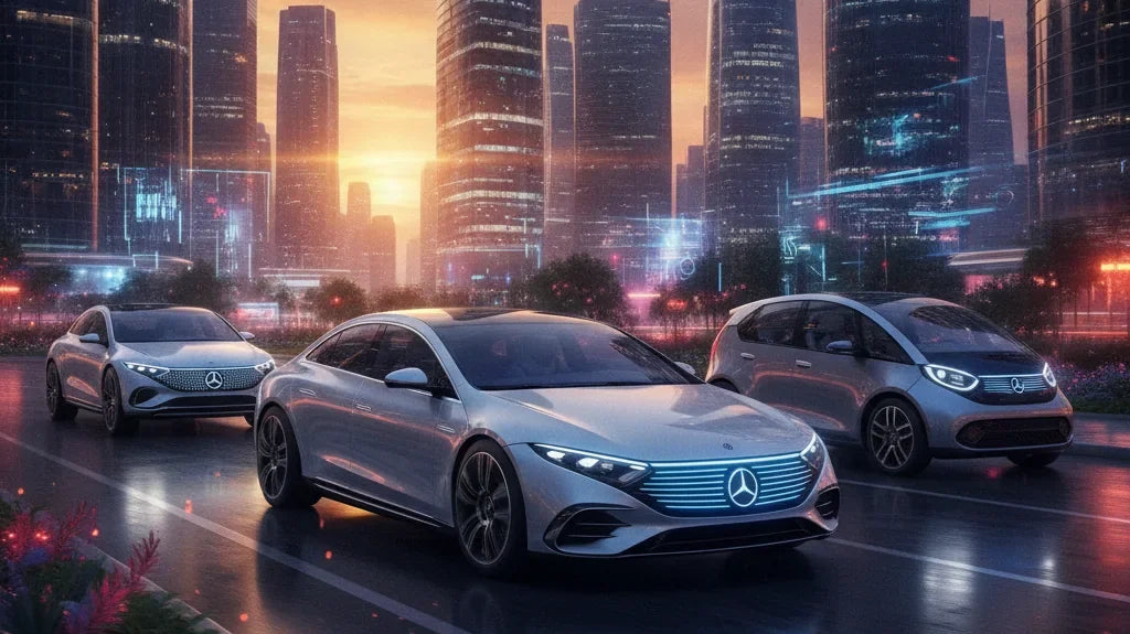 Editorial photo-realistic HERO image for automotive news (2026-08-22). Feature Mercedes vehicles specifically future EVs. Scene: A sleek, futuristic M