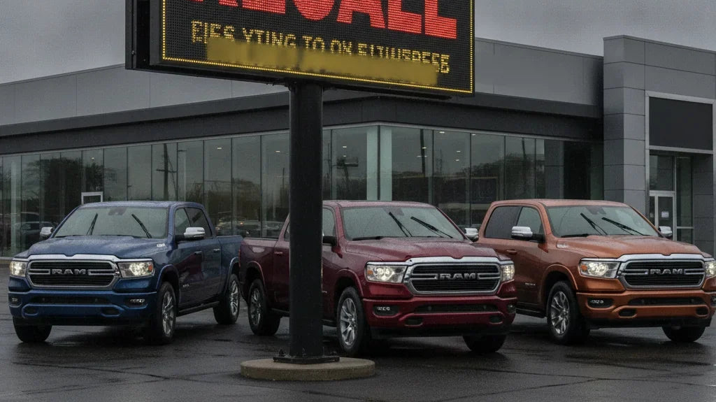 Editorial photo-realistic HERO image for automotive news (2026-08-27). Feature Ram vehicles specifically Ram 1500. Scene: A dramatic image of the Ram