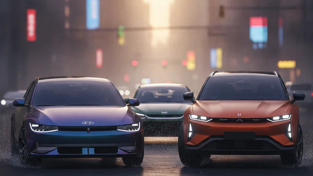 Editorial photo-realistic HERO image for automotive news (2026-09-20). Feature Hyundai and Chinese Auto Brands vehicles specifically specific models f