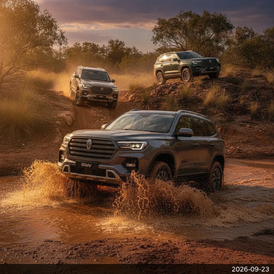 Editorial photo-realistic HERO image for automotive news (2026-09-23). Feature GWM vehicles specifically New Diesel SUV. Scene: A rugged off-road sett