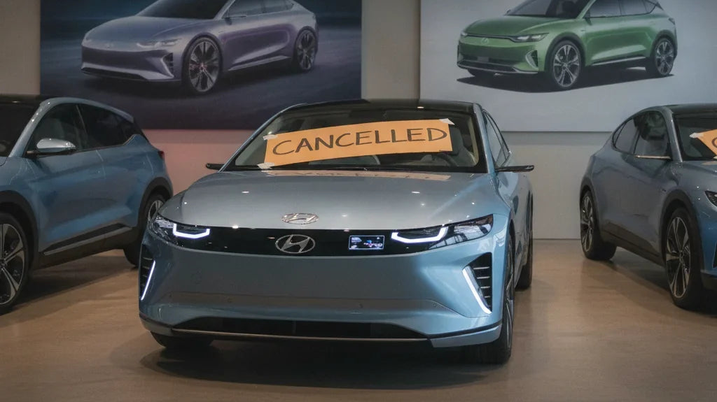 Editorial photo-realistic HERO image for automotive news (2026-10-02). Feature Hyundai vehicles specifically Ioniq 3. Scene: An empty showroom with a