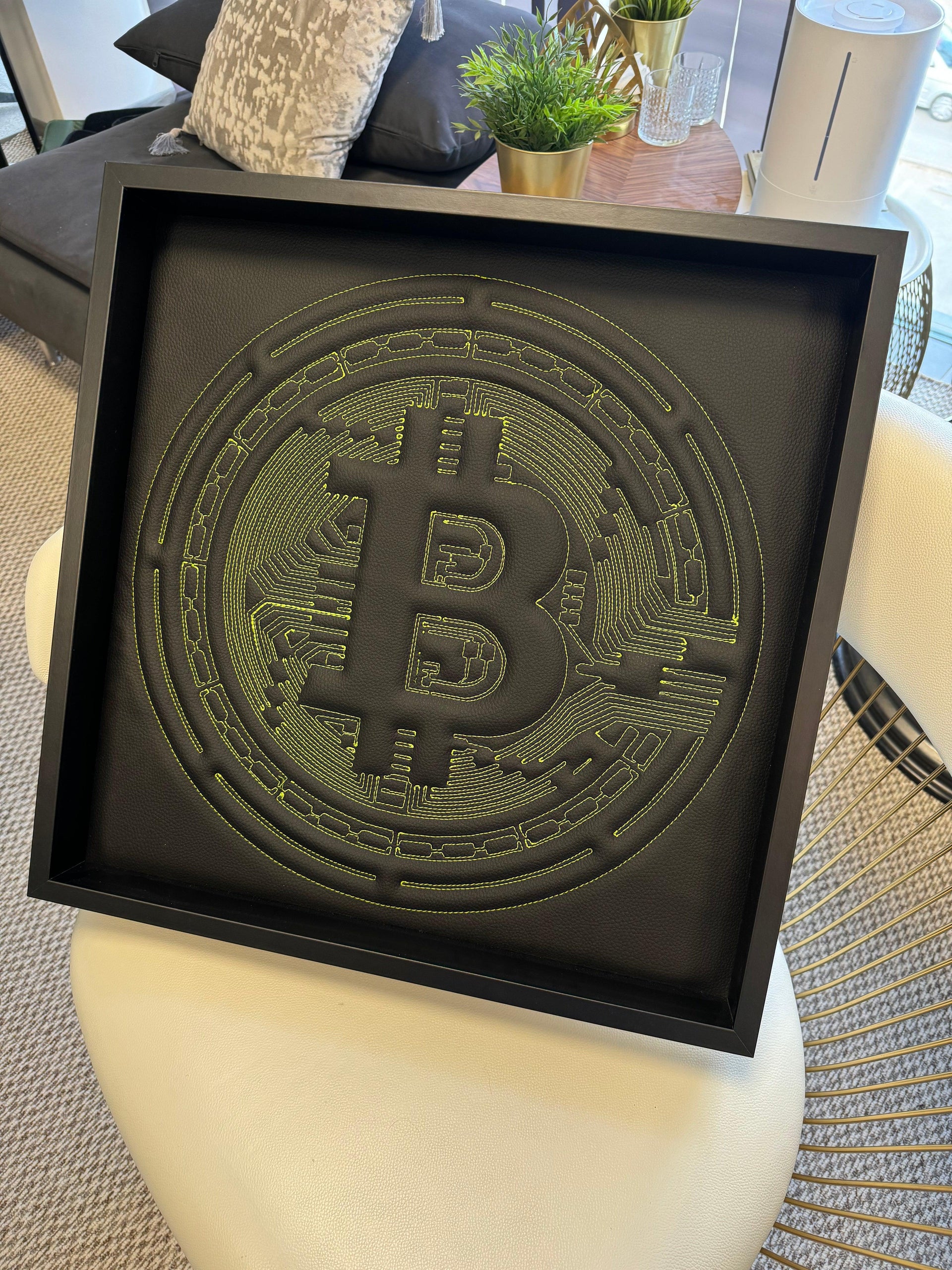 Black Leather Bitcoin Inspired Wall Art: Embroidered Green Stitch Luxury Decor - AutoWin