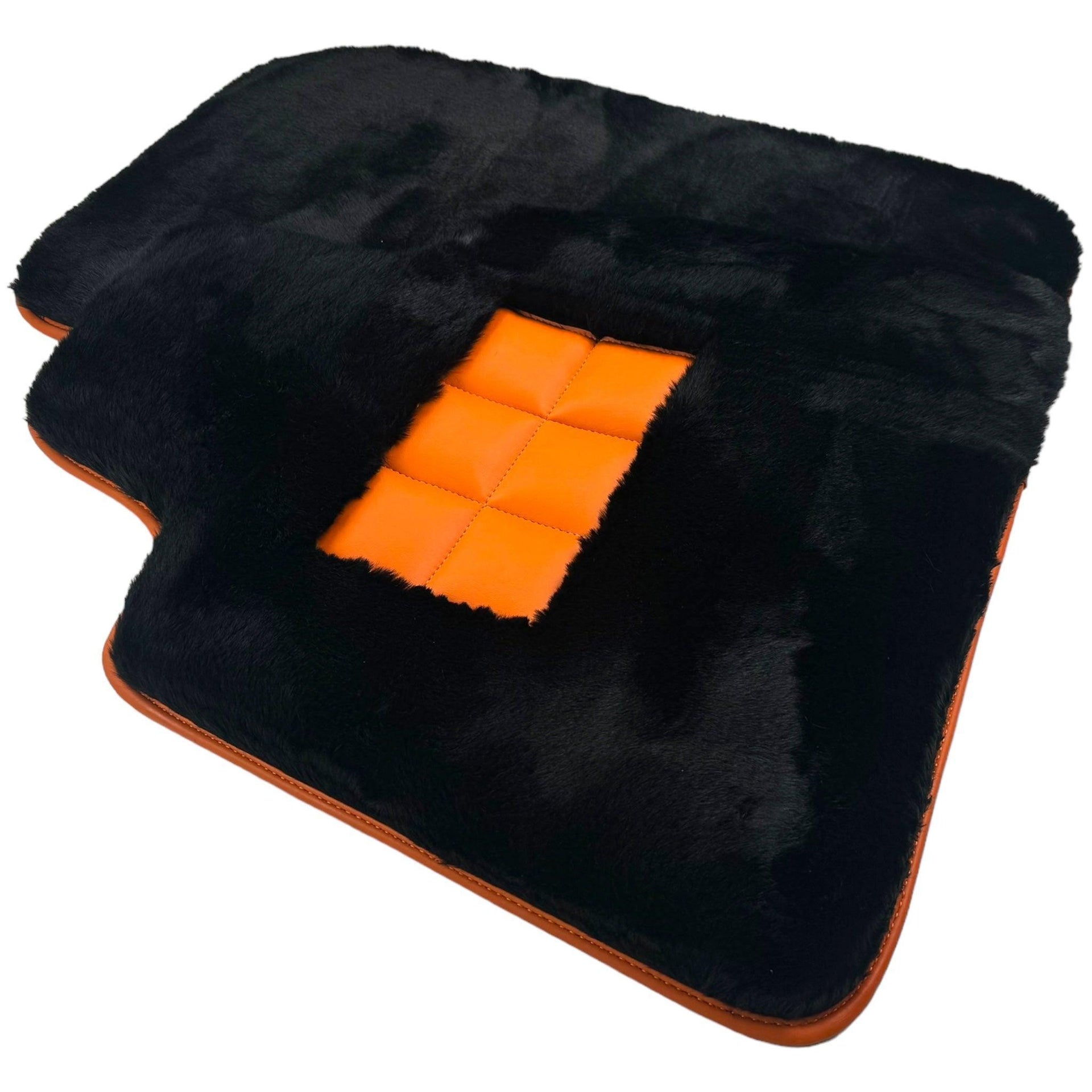 Black Sheepskin Floor Mats for Rolls-Royce Phantom VIII (2017-2024) Orange Leather Trim - AutoWin