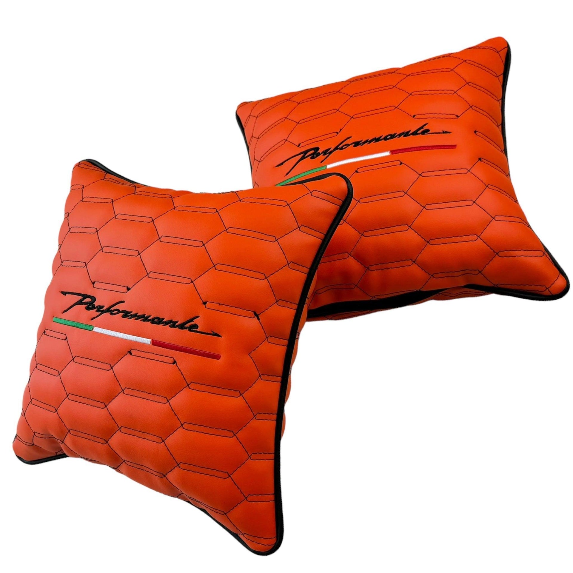 Orange Leather Pillows Performante Set of 2 with Black Sewing - AutoWin