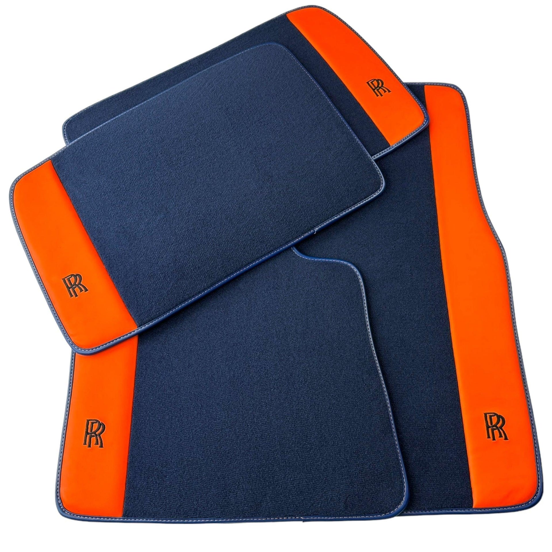 Dark Blue Floor Mats for Rolls Royce Cullinan with Orange Leather - AutoWin