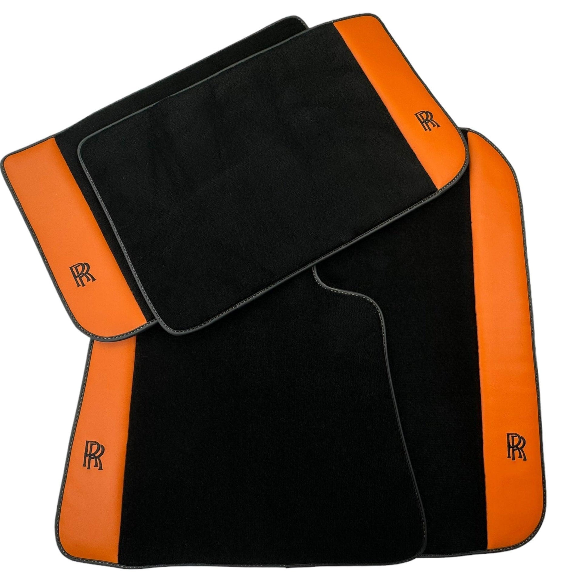 Black Floor Mats for Rolls Royce Cullinan with Orange Leather - AutoWin