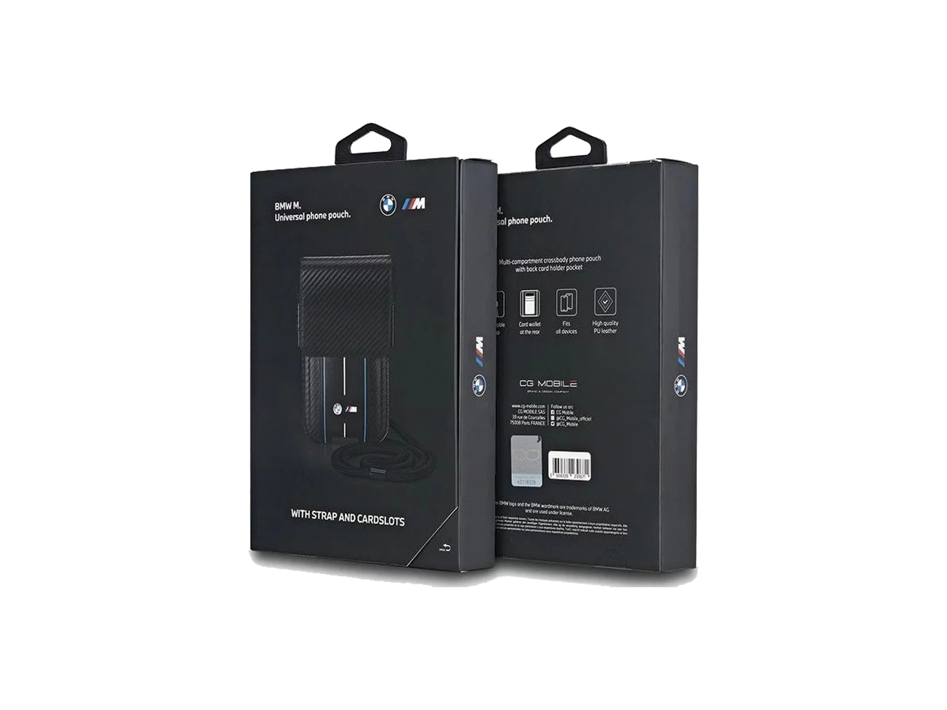 BMW M Series Universal Phone Pouch – Carbon & Blue Stripes | Black, Eco-Leather & Nylon