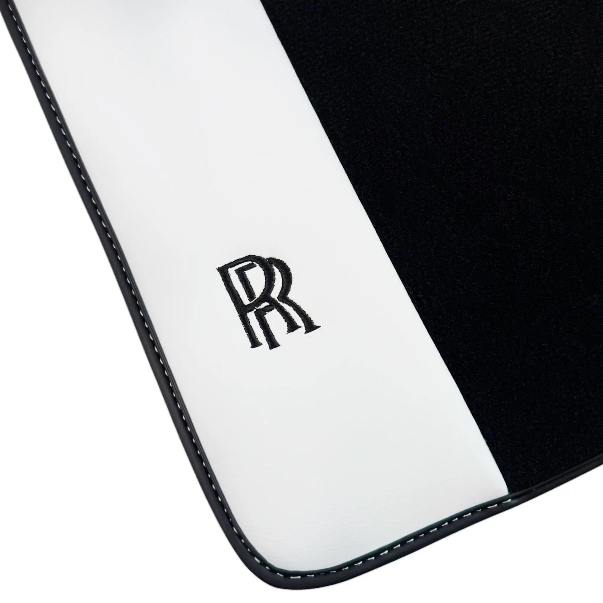 Black Floor Mats for Rolls Royce Spectre (2023-2024) with White Leather | RR Logo