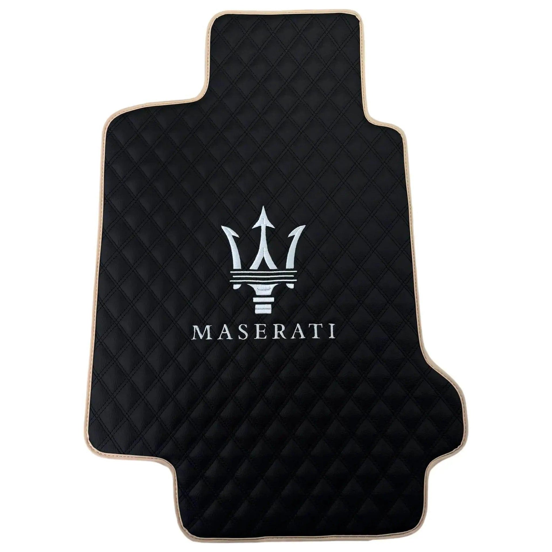 Black Stitched Leather Floor Mats with Logo for Maserati GranTurismo MC Stradale (2011-2015) | Beige Trim - AutoWin
