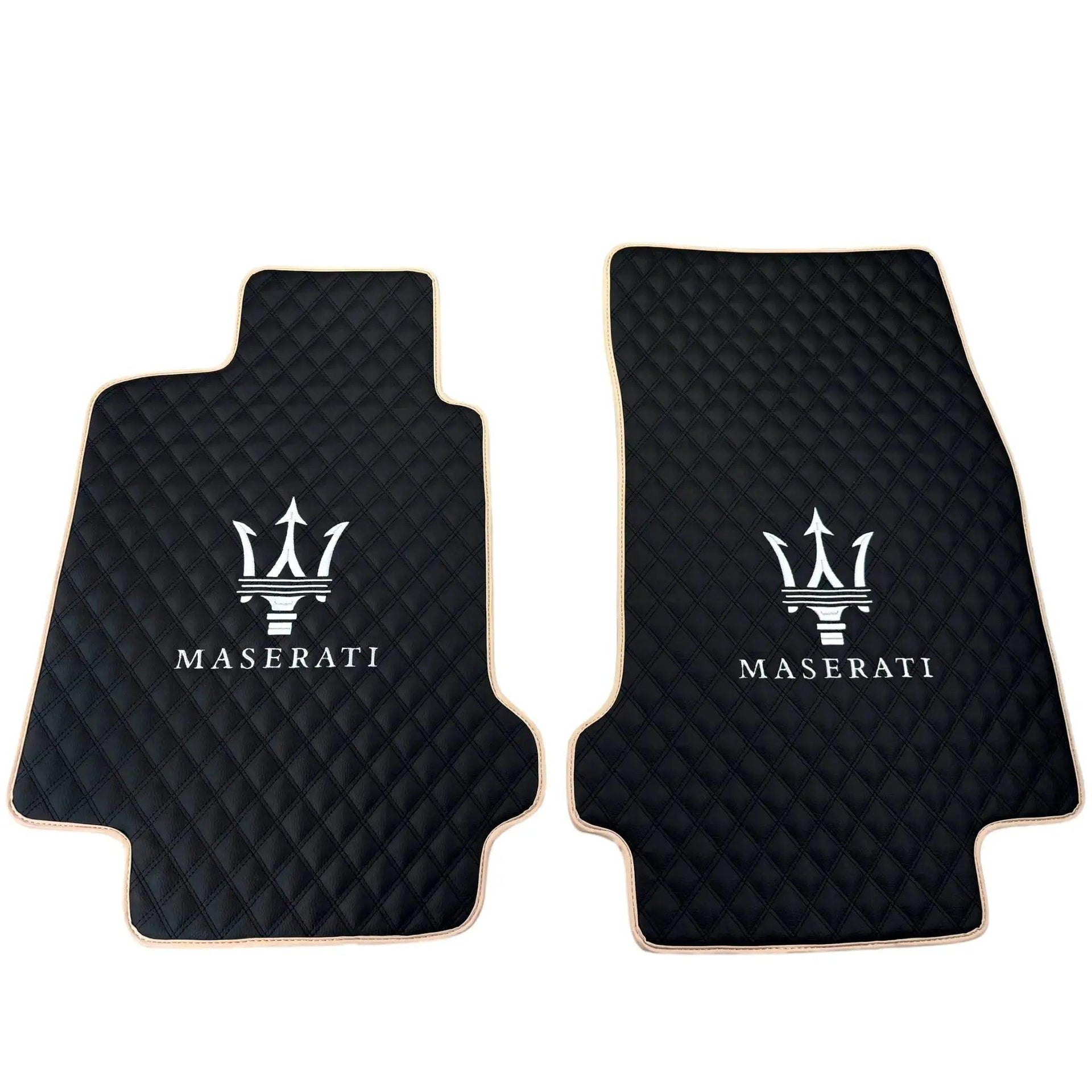 Black Stitched Leather Floor Mats with Logo for Maserati GranTurismo Sport (2012-2019) | Beige Trim - AutoWin
