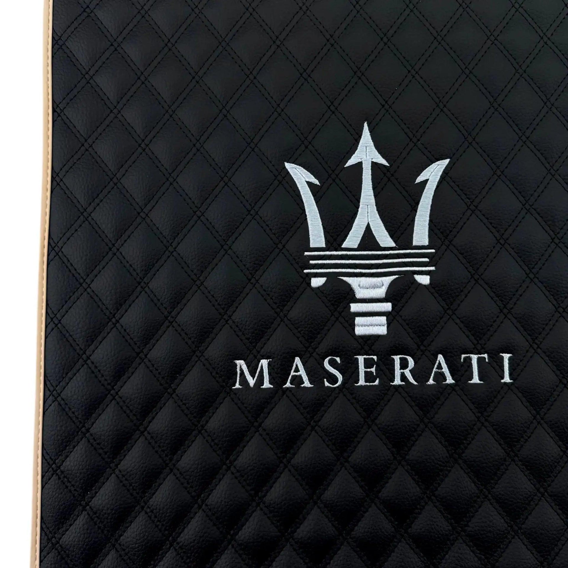 Black Stitched Leather Floor Mats with Logo for Maserati GranTurismo Sport (2012-2019) | Beige Trim - AutoWin