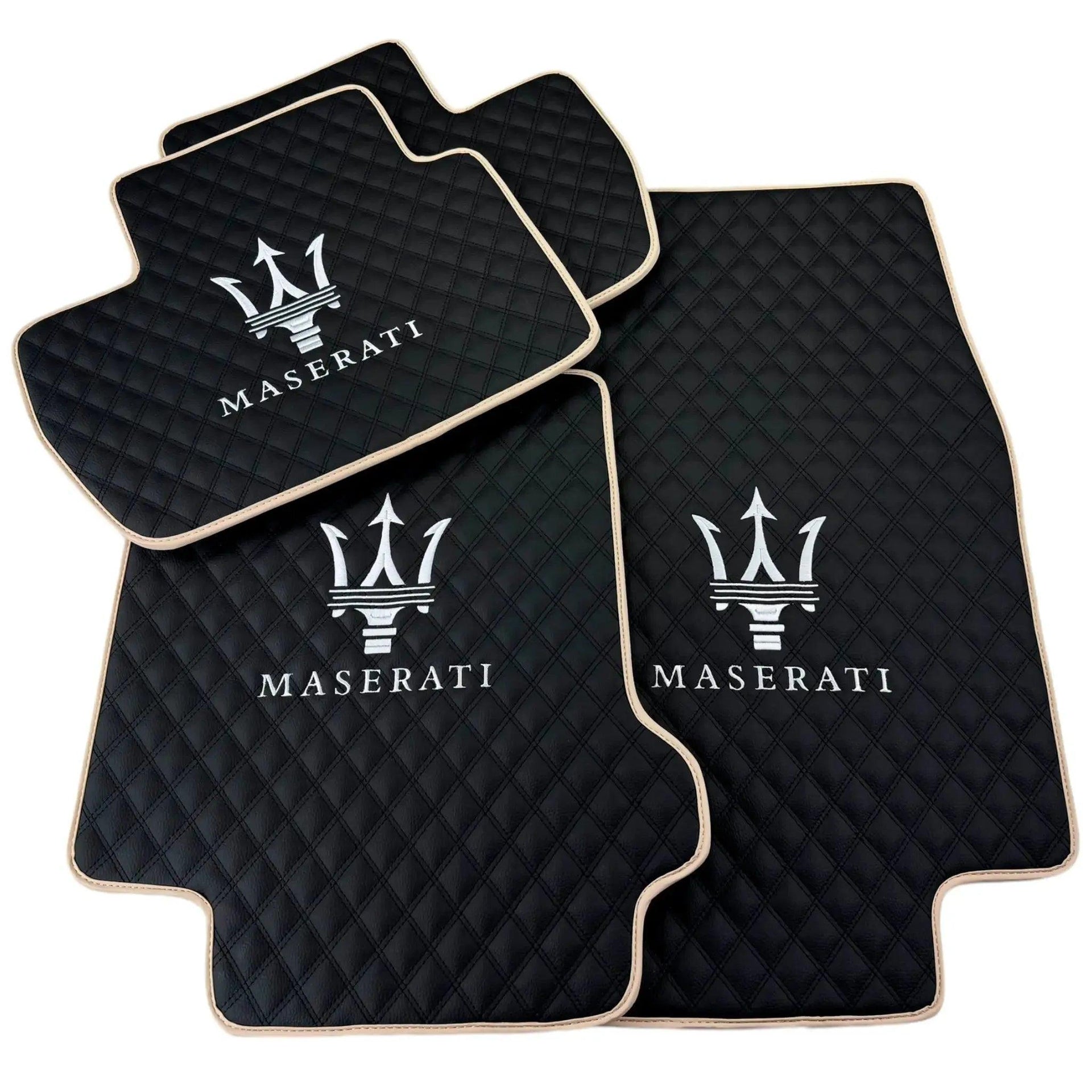 Black Stitched Leather Floor Mats with Logo for Maserati GranTurismo Sportline (2009-2019) | Beige Trim - AutoWin